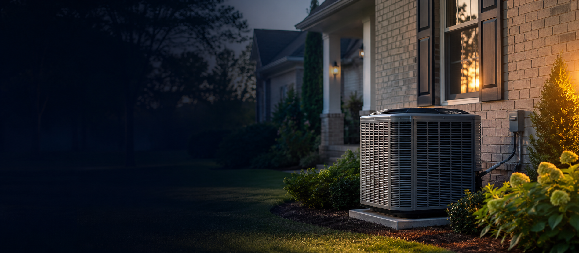 A residential heating and cooling system beside a comfortable home